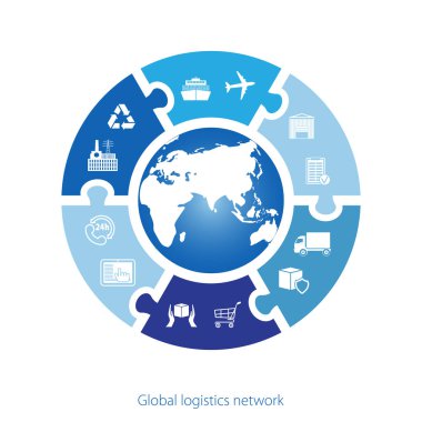 Global Lojistik ağı. Global Lojistik ortaklık bağlantısı eşleyin. Benzer dünya harita ve lojistik simgeler. Basit simgesini daire bulmaca. Düz tasarım. Vektör çizim Eps10. 