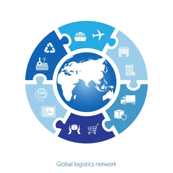 Red logística global. Mapa de conexión de asociación logística global. Mapa del mundo e iconos logísticos similares. Icono simple círculo rompecabezas. Diseño plano. Ilustración vectorial EPS10 . — Archivo Imágenes Vectoriales