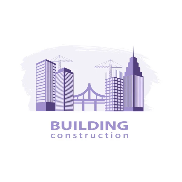 建設作業業界概念 バイオレットの建物建設のロゴ 高層ビル ブラシ ストロークのバック グラウンドの建設クレーン 株式ベクトル ベクトル図 Eps10 — ストックベクタ