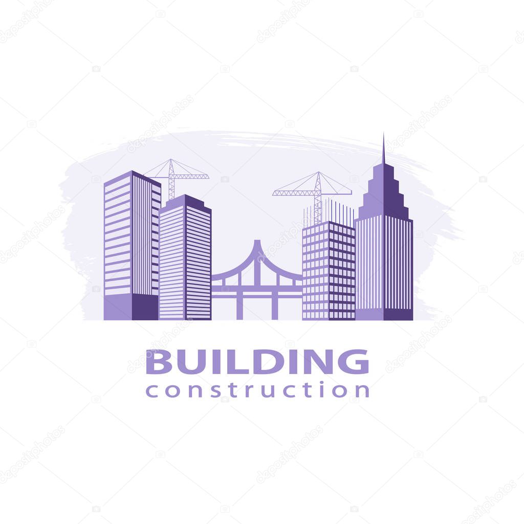 Construction working industry concept. Building construction logo in violet.  High-rise buildings, bridge, construction cranes on brush stroke background. Stock vector. Vector illustration EPS10.