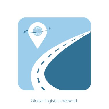 Global logistics network concept. The road  with geolocation icons on blue background. Logistic template  for your web site design, logo, app, UI.  Flat design. Vector illustration EPS10. clipart