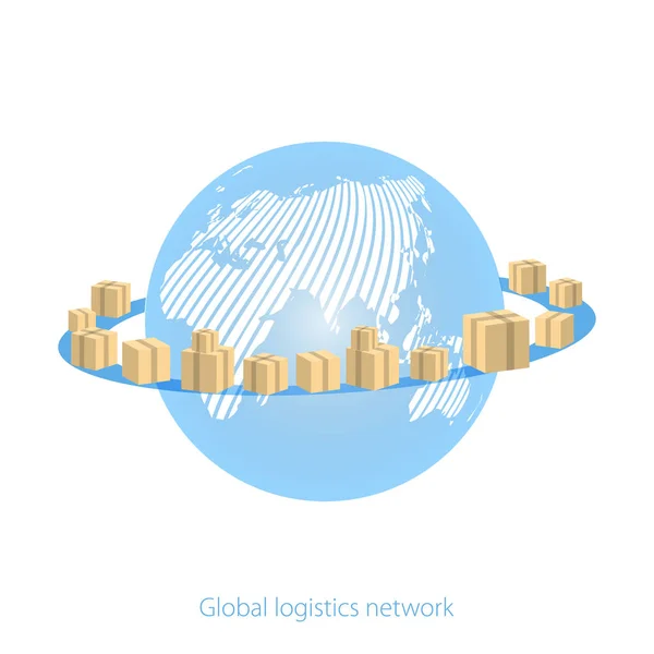 Globální Logistická Síť Earth Globe Obklopené Kartony Pozemek Zboží Bílém — Stockový vektor
