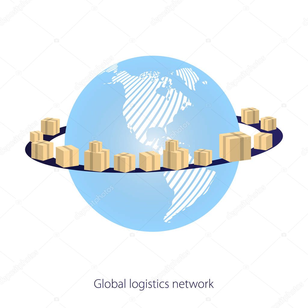 Global logistics network. Earth Globe Surrounded by Cardboard Boxes with Parcel Goods on a white background. Map global logistics partnership connection.  Vector illustration EPS10. 