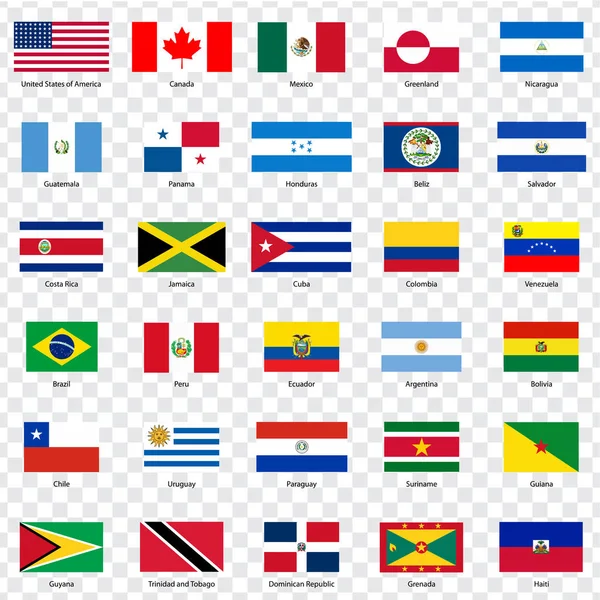 Banderas de países de América del Norte y del Sur. Treinta banderas de países americanos con inscripciones y proporciones originales sobre fondo transparente. Banderas para el diseño de su sitio web, logotipo, aplicación, UI. Ilustración vectorial EPS10 . — Archivo Imágenes Vectoriales