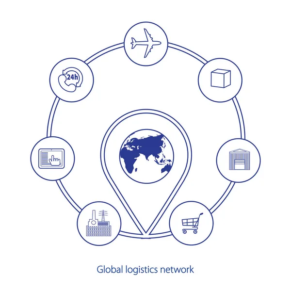 Globální logistická síť. Mapa připojení partnerství globální logistika. Bílé podobné světa mapu a logistiky ikony v modré barvě. Plochý design. Vektorové ilustrace Eps10. — Stockový vektor