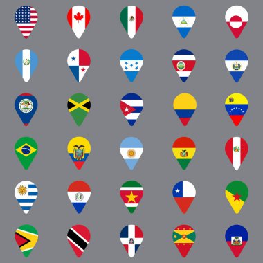 Otuz geolocation simgeler kümesi. Kuzey ve Güney Amerika ülkeleri geolocation simgeler şeklinde bayrakları. Web sitesi tasarımı, logo, app, Kullanıcı arabirimi için coğrafi etiket simgeler. Vektör çizim Eps10.