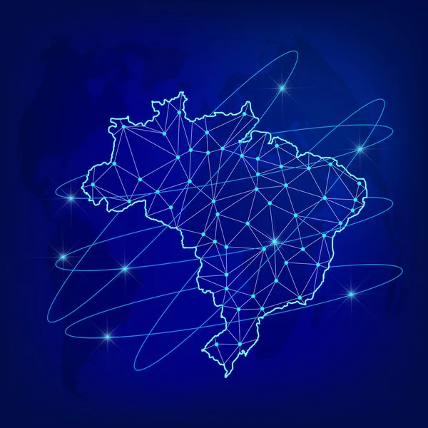 Globales Logistik-Netzwerkkonzept. Kommunikationsnetzwerkkarte Brasilien auf dem Hintergrund der Welt. Karte von Brasilien mit Knoten im polygonalen Stil. Vektorabbildung eps10. — Stockvektor