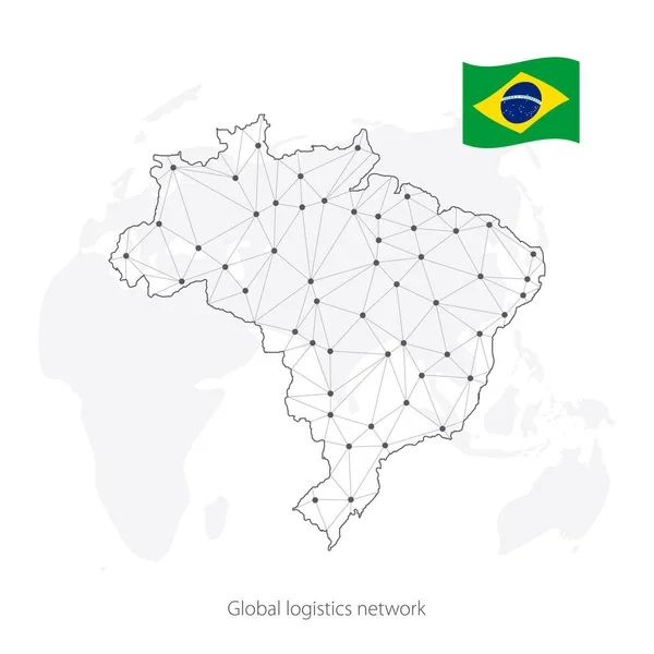 Globales Logistik-Netzwerkkonzept. Kommunikationsnetzwerkkarte Brasilien auf dem Hintergrund der Welt. Karte von Brasilien mit Knoten im polygonalen Stil und Flagge. Vektorabbildung eps10. — Stockvektor