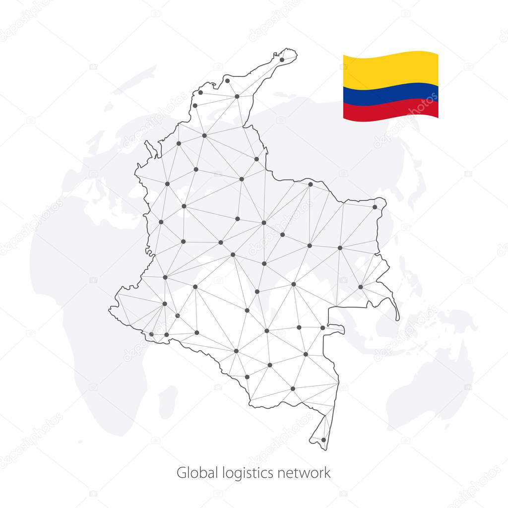 Global logistics network concept. Communications network map Colombia on the world background. Map of Colombia with nodes in polygonal style and flag. Vector illustration EPS10. 