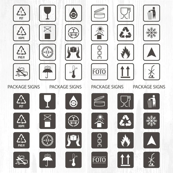 Vector packaging symbols. Shipping icon set including recycling, fragile, the shelf life of the product, flammable, non-toxic material, this side up, other symbols. Use on package.