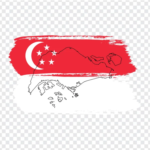 Bendera Singapura dari sapuan kuas dan peta Kosong Singapura. Peta berkualitas tinggi Singapura dan bendera pada latar belakang transparan. Vektor saham. Ilustrasi Vektor EPS10 . - Stok Vektor
