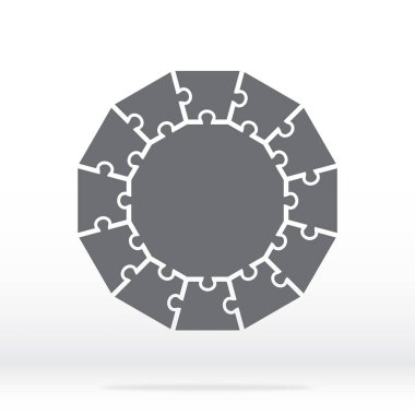 Basit simge polygon puzzle gri renkte. Bulmaca on iki kenarlı parçalar ve merkezi gri arka plan üzerinde basit simgesi. Düz tasarım. Vektör çizim Eps10.