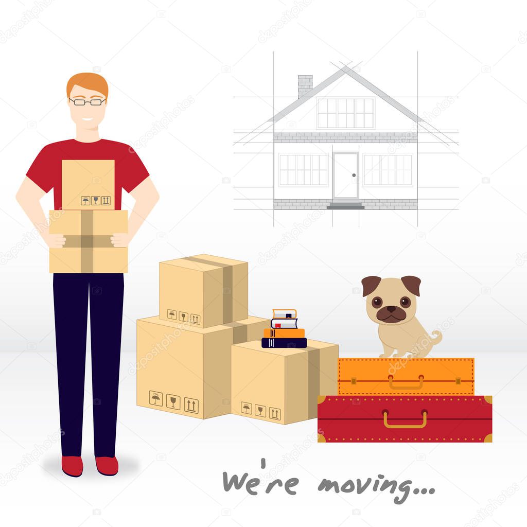 Transportation and home removal. We're moving. A Little pug sitting on suitcases with things. A young man is holding boxes. Boxes,  books in anticipation of moving.  EPS10.