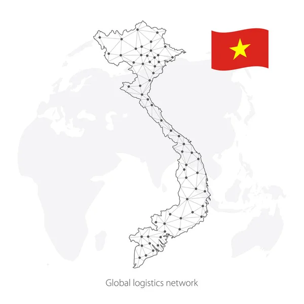 Concepto de red logística global. Mapa de la red de comunicaciones Vietnam en el contexto mundial. Mapa de Vietnam con nodos en estilo poligonal y bandera. Ilustración vectorial EPS10 . — Vector de stock