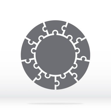 Basit simgesini daire puzzle gri renkte. Basit simgesini daire bulmaca dokuz elemanları ve gri arka plan üzerinde merkezi. Düz tasarım. Vektör çizim Eps10.