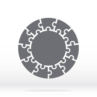 Basit simgesini daire puzzle gri renkte. Basit simgesini daire bulmaca on öğeleri ve gri arka plan üzerinde merkezi. Düz tasarım. Vektör çizim Eps10.