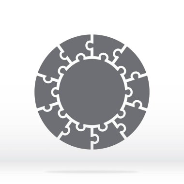 Basit simgesini daire puzzle gri renkte. Basit simgesini daire bulmaca on öğeleri ve gri arka plan üzerinde merkezi. Düz tasarım. Vektör çizim Eps10.