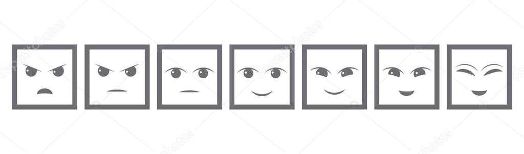 Seven Gray Faces Feedback/Mood. Iconic illustration of satisfaction level. Range to assess the emotions of your content. User experience. Customer feedback. Excellent, good, normal, bad, awful. EPS10