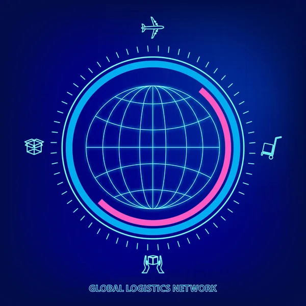 Globale logistieknetwerk. Kaart van globale logistiek partnerschap verbinding. Globe en logistiek pictogrammen in neon stijl. Platte ontwerp. Vectorillustratie Eps10 — Stockvector