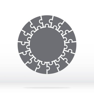 Basit simgesini daire puzzle gri renkte. On beş öğeleri ve merkezi gri arka plan üzerinde basit simgesini daire bulmaca. Düz tasarım. Vektör çizim Eps10.