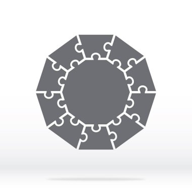 Basit simge poligonal bulmaca gri renkte. Basit simge poligonal bulmaca on öğeleri ve gri arka plan üzerinde merkezi. Düz tasarım. Vektör çizim Eps10.