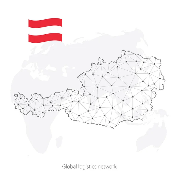 Concepto de red logística global. Mapa de la red de comunicaciones Austria en el contexto mundial. Mapa de Austria con nodos en estilo poligonal y bandera . — Archivo Imágenes Vectoriales