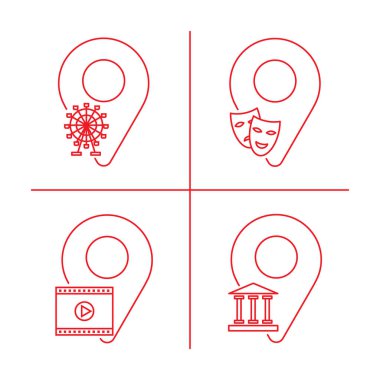 Geolocation Icon pack. Geolocation dizi sorunsuz kutsal kişilerin resmi ile web sitesi tasarımı, logo, app, Kullanıcı arabirimi için imzalar. Tiyatro, sinema, eğlence parkı Müzesi Geolocation. Vektör çizim Eps10.