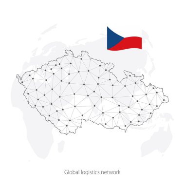 Global Lojistik ağ kavramı. Dünya arka plan iletişim ağ eşlemesinde çek. Çek harita çokgen stilini ve bayrak düğümlerle. Vektör çizim Eps10.