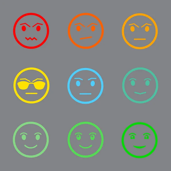 Nove facce di colore Feedback / umore. Set nove facce scala - sorriso neutro triste - isolato illustrazione vettoriale su sfondo grigio. Design piatto. Illustrazione vettoriale EPS10 — Vettoriale Stock