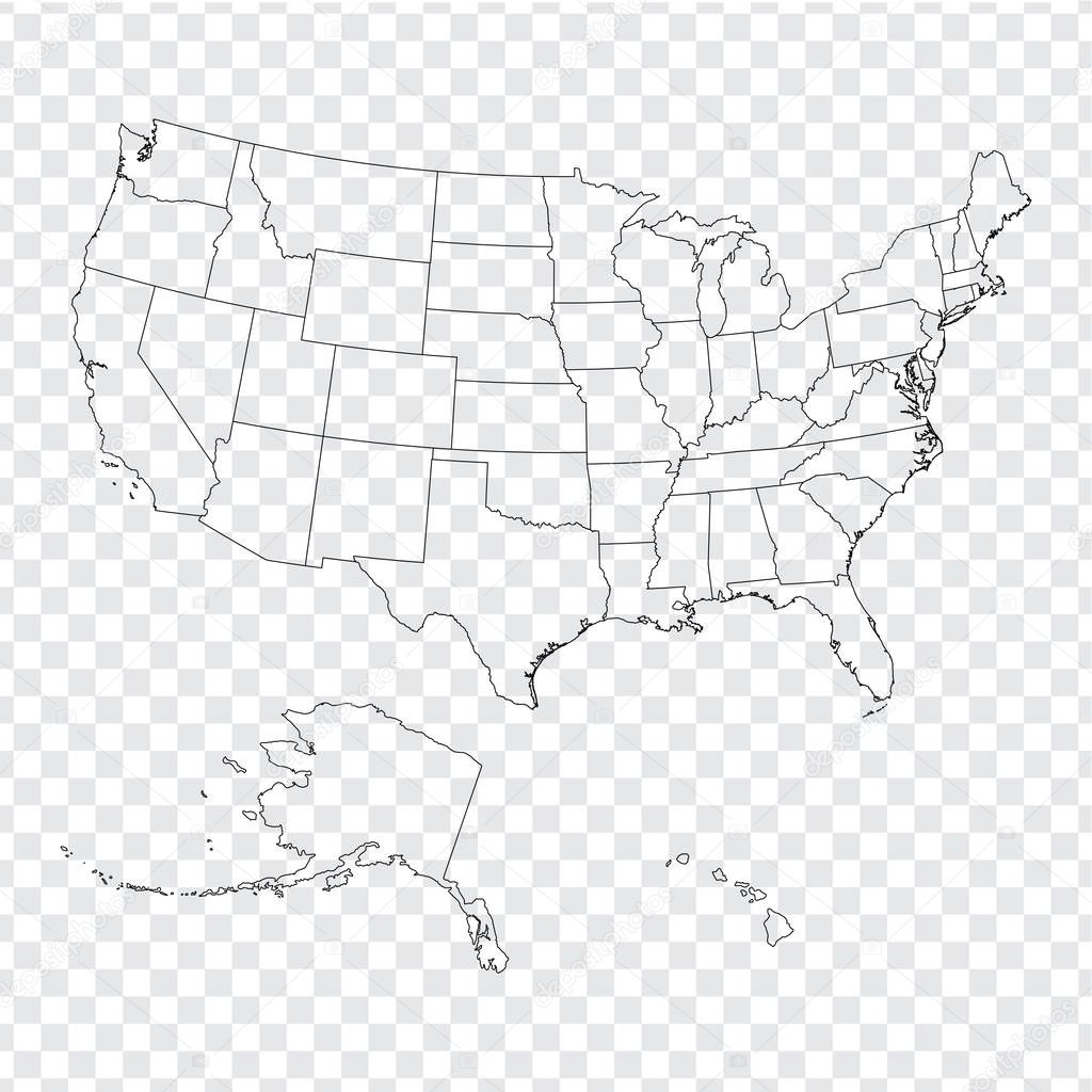 Blank map United States of America. High quality map of USA with federal states on transparent background for your web site design, logo, app, UI. Stock vector. Vector illustration EPS10. 
