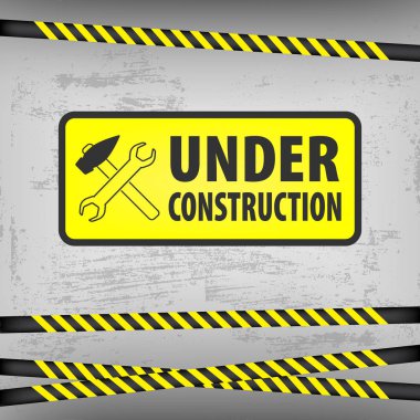 Gri zemin zemin üzerine inşaat işaret altında. Web sitesi için vektör çizim. Bir çekiç ve tornavida ile inşaat dikdörtgen altında. Bina süreci. Eps10.