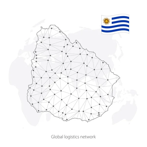 Concepto de red logística global. Mapa de la red de comunicaciones Uruguay en el contexto mundial. Mapa de Uruguay con nodos en estilo poligonal y bandera. Ilustración vectorial EPS10 . — Archivo Imágenes Vectoriales