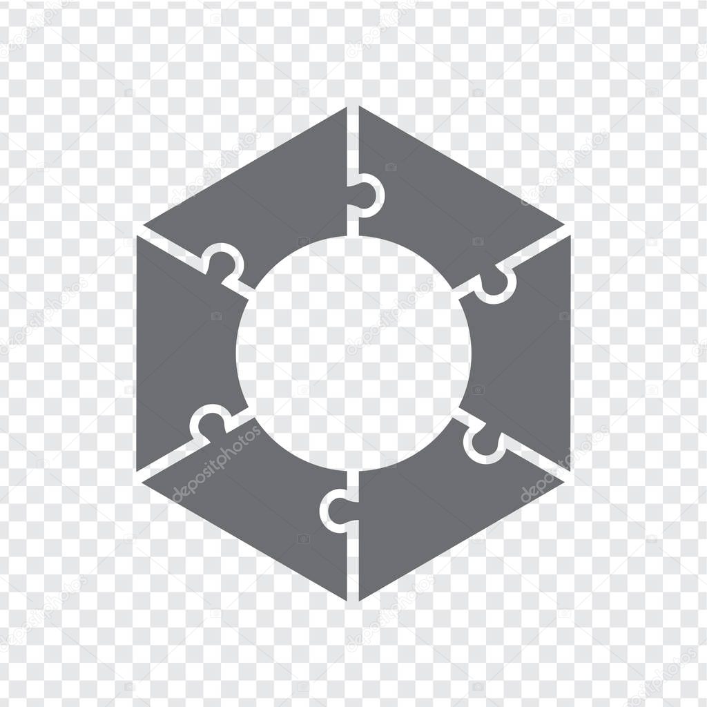 Simple icon hexagonal puzzle in gray. Simple icon puzzle of the six elements on transparent background.  Simple icon puzzle gear wheel.  Flat design.  EPS10.