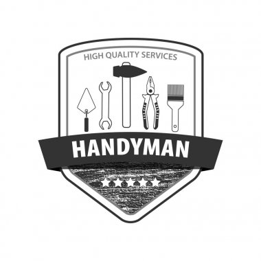 Profesyonel handyman hizmetleri logosu. Onarım araçları kümesi. Ahşap doku ile Logo Handyman. Stok vektörü. Düz tasarım. Vektör illüstrasyon Eps10.