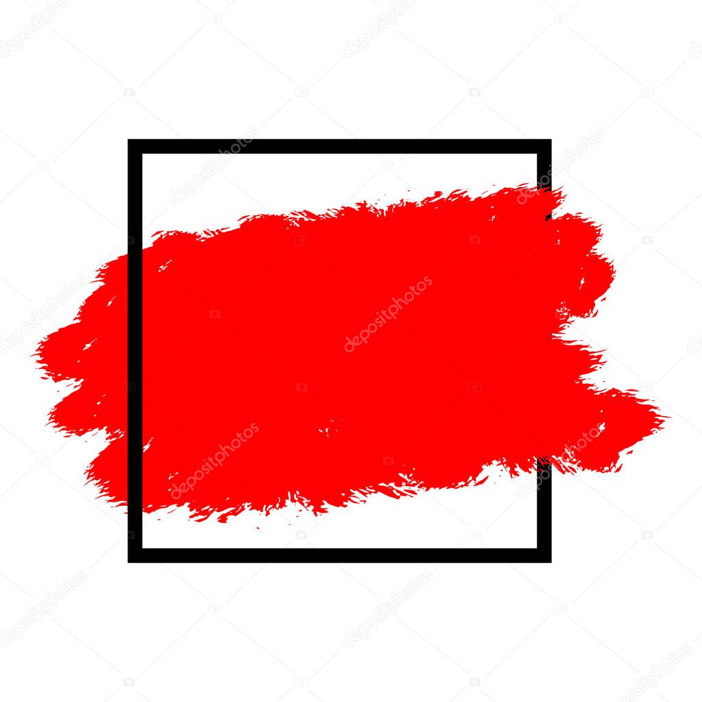 Abstract hand painted textured red brush background with geometric frame, isolated strokes with dry rough edges. Modern Textured shape. Brush strokes text box on white background for presentations, flyers, leaflets, postcards and posters. EPS10.