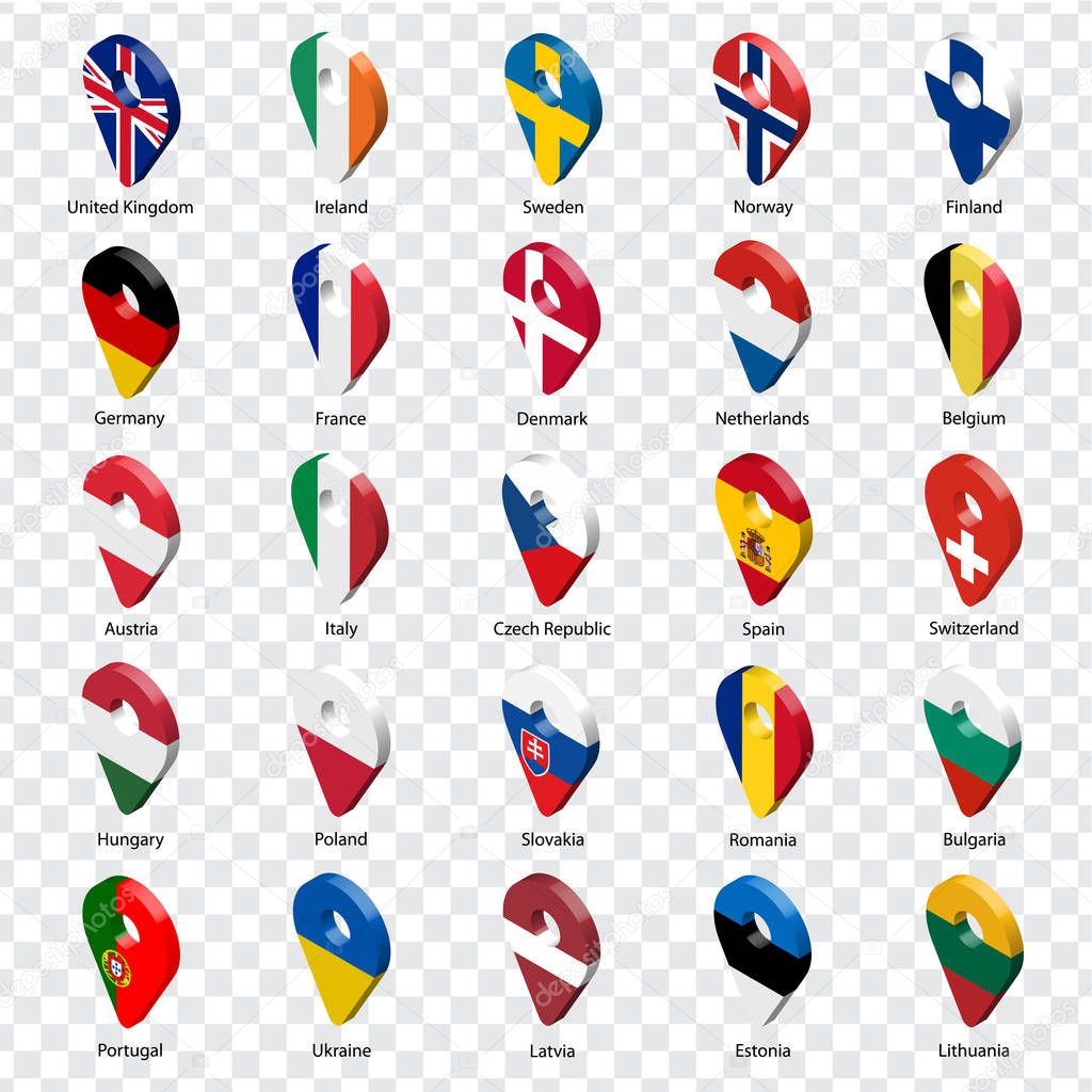 3D geolocation signs of twenty five European countries with inscriptions. Set of  twenty five 3d geolocation icons on transparent background. Flags of European countries in the form of geolocation signs.  EPS10.