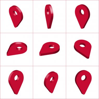 Harita işaretçisi 3d pin. 3b coğrafi konum işaretleri kümesi. Konum sembolleri vektör kümesi beyaz arka planda yalıtılmış. Web konum noktası, işaretçi 3d ok işareti çizimi.