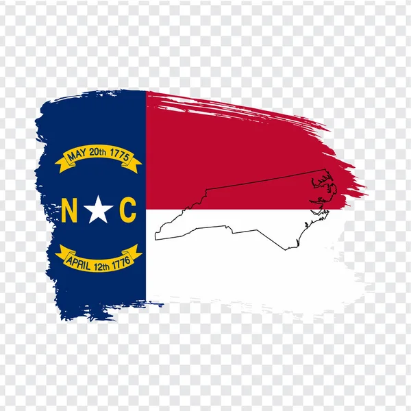 Bandeira da Carolina do Norte de pinceladas e mapa em branco Carolina do Norte. Estados Unidos da América. Mapa de alta qualidade da Carolina do Norte e bandeira em fundo transparente. Vetor de estoque. EPS10 . — Vetor de Stock