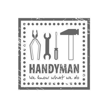 Profesyonel handyman hizmetleri logosu. Beyaz arka plan üzerinde araçları ile damga grunge çerçeveler. Onarım araçları kümesi. Stok vektörü. Düz tasarım. Eps10.