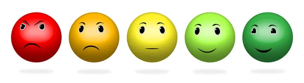 3D Color Faces Feedback / Mood. Conjunto de cinco caras escala - sonrisa triste neutral - ilustración vectorial aislada. 3d diseño de caras con sombra. Ilustración vectorial EPS10 . — Archivo Imágenes Vectoriales