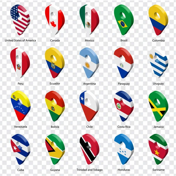 Signos de geolocalización 3D de veinte países de América del Norte y América del Sur con inscripciones. Conjunto de veinte iconos de geolocalización 3d sobre fondo transparente. Banderas de los países americanos en forma de signos de ubicación. EPS10 . — Vector de stock