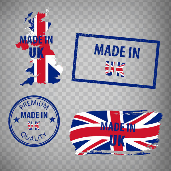Made in the UK rubber stamps icon isolated on transparent background. Manufactured or Produced in United Kingdom of Great Britain and North Ireland.  Set of grunge rubber stamps. EPS10.
