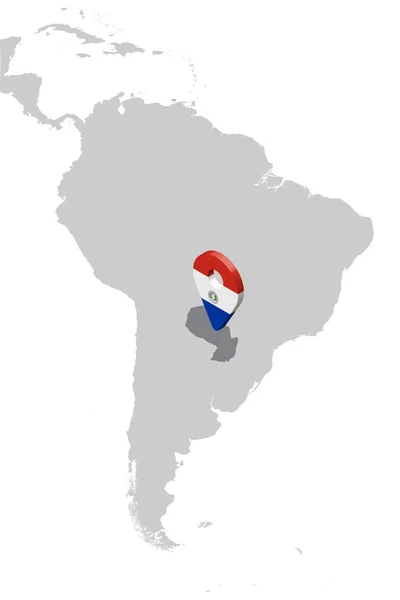 Paraguay plats karta på karta Sydamerika. 3D Paraguay flagga kartmarkör plats stift. Hög kvalitet karta över Paraguay. Vektor illustration Eps10. — Stock vektor