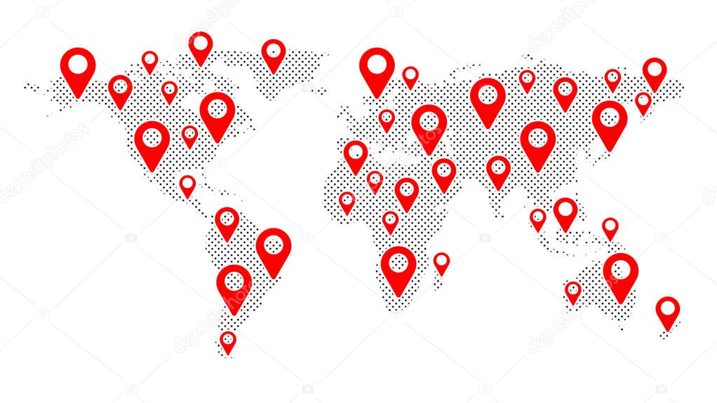 Geolocation on the world map. Planet Earth. America, Asia, Africa, USA. Red markers  icons. Map of points. Global network. Flat design. Vector illustration EPS10.