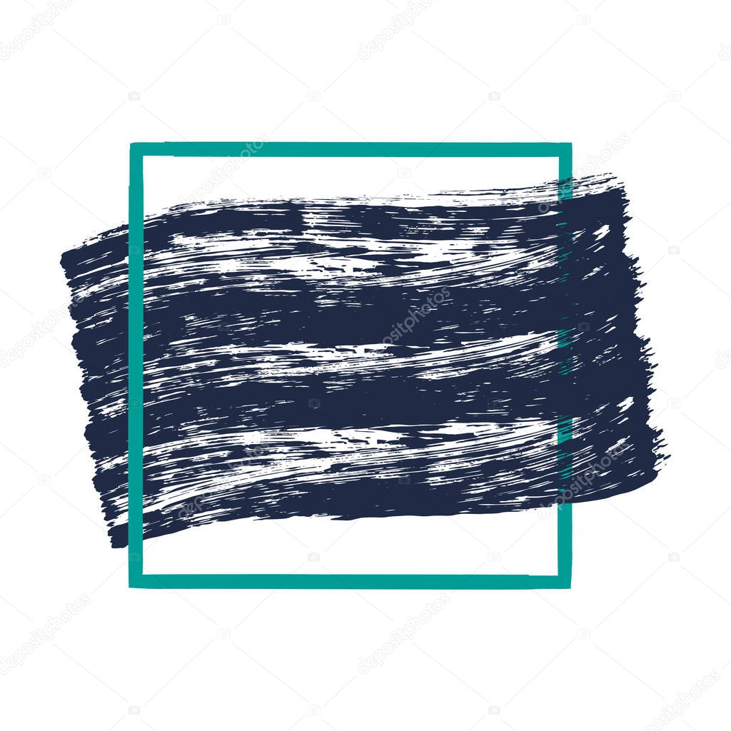 Abstract hand painted textured ink brush background with geometric mint frame, isolated strokes with dry rough edges. Modern Textured shape. Brush stroke ink texture for presentations, flyers, leaflets, postcards and posters. EPS10.