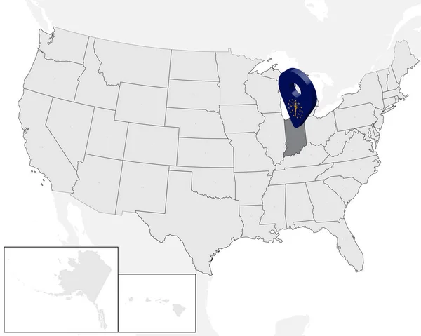 Mapa de Estado Indiana en el mapa USA. Pin de ubicación de marcador de mapa de bandera de Indiana estado 3d. Mapa de alta calidad de Indiana. Ilustración vectorial EPS10 . — Vector de stock