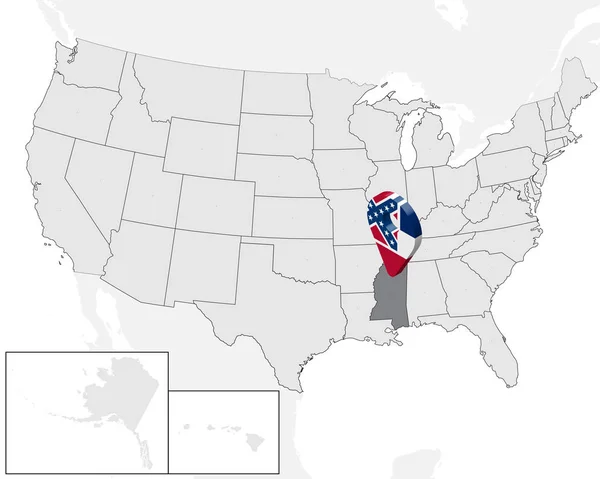 Locatie kaart van State Mississippi op kaart USA. 3D State Mississippi vlag kaart marker locatie pin. Hoge kwaliteit kaart van Mississippi. Vector illustratie Eps10. — Stockvector