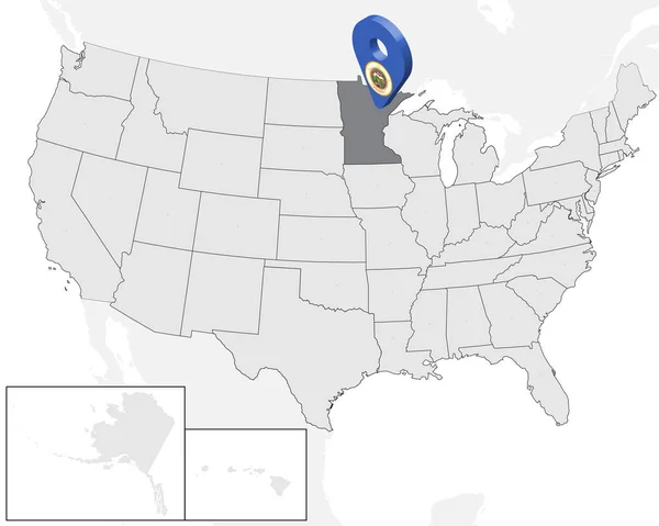 Localisation Minnesota sur la carte États-Unis d'Amérique. Épinglette de localisation du marqueur de carte du drapeau du Minnesota 3d State. Carte de haute qualité du Minnesota. Illustration vectorielle EPS10 . — Image vectorielle