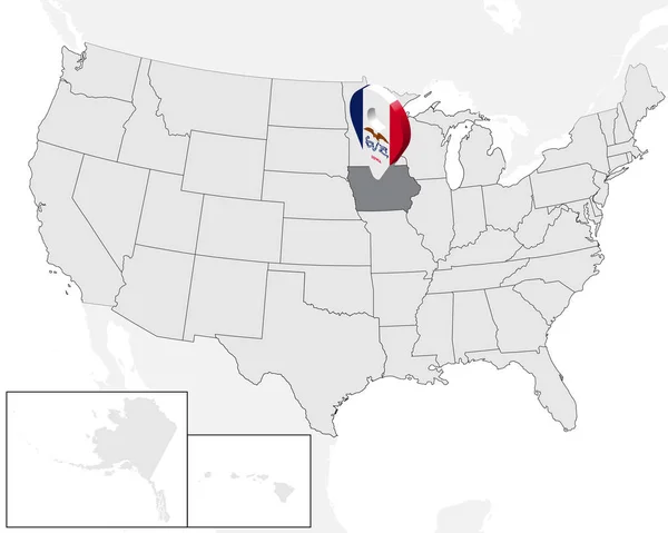 Localização Mapa do Estado Iowa no mapa EUA. 3d Estado Iowa bandeira mapa marcador de localização pin. Mapa de alta qualidade de Iowa. Ilustração vetorial EPS10 . — Vetor de Stock