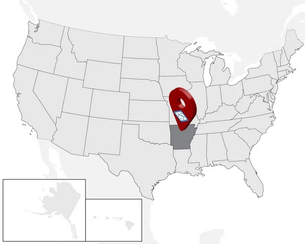 Karta över State Arkansas på kartan USA. 3D State Arkansas flagga karta markörplats stift. Hög kvalitet karta över Arkansas. Vektor illustration Eps10. — Stock vektor